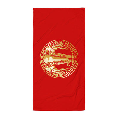 Red and Gold Elephant Laos Flag Beach Towel